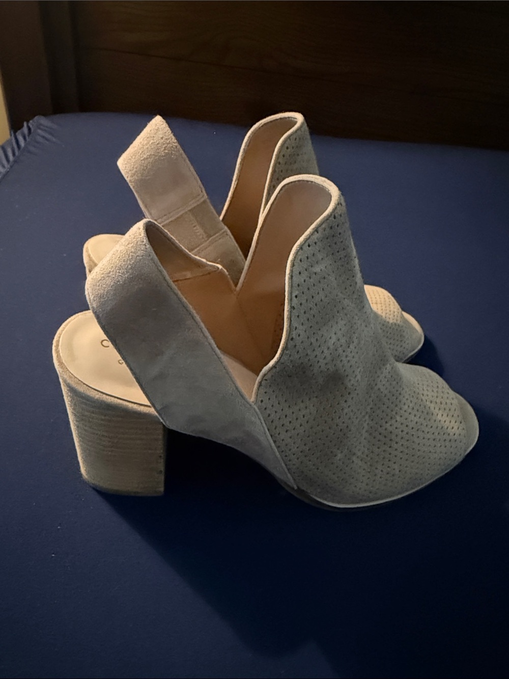 Cole Haan Light Gray Suede Peep-Toe Block Heel Slingback